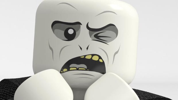 A LEGO Voldemort practices his game face
