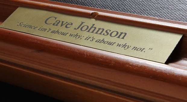 Real-life, speaking Cave Johnson portraits from ThinkGeek