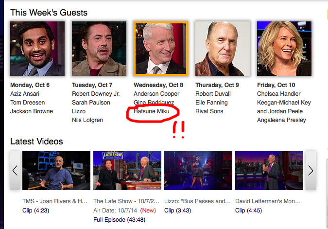 Reminder: Hatsune Miku to appear on The Late Show with David Letterman tonight