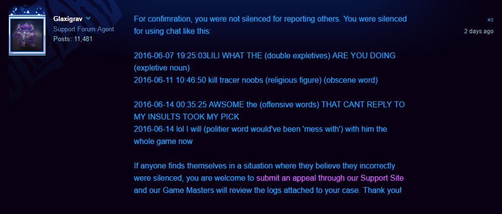Blizzard mod owns player after he claims he did nothing wrong