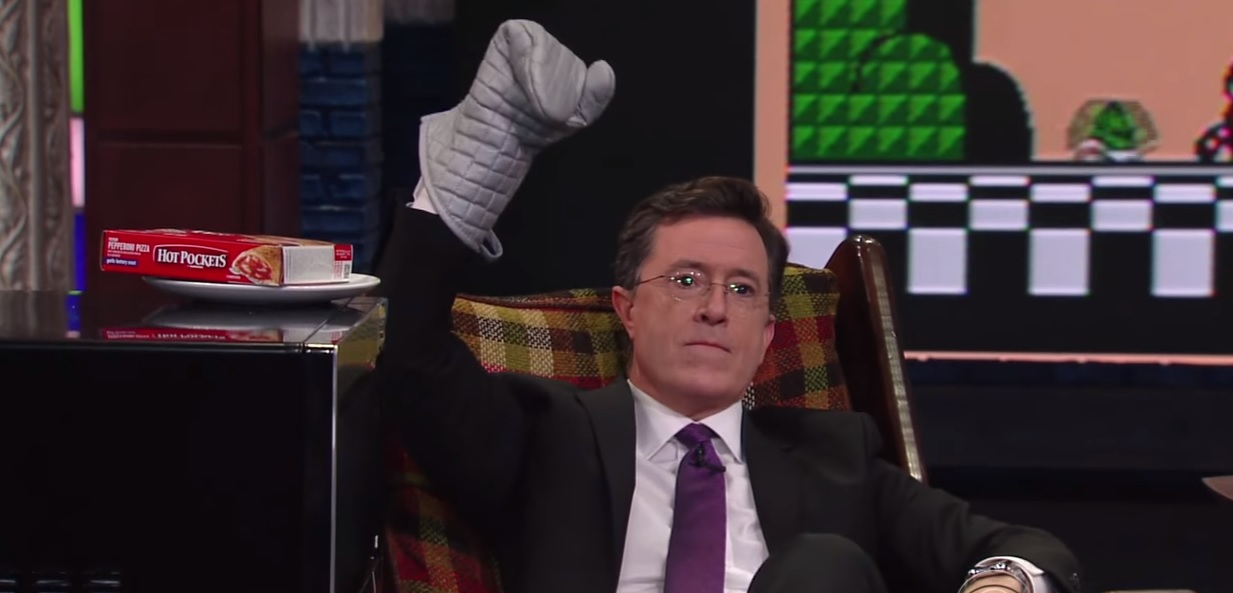 Stephen Colbert races to eat a Hot Pocket against a Mario 3 speedrunner