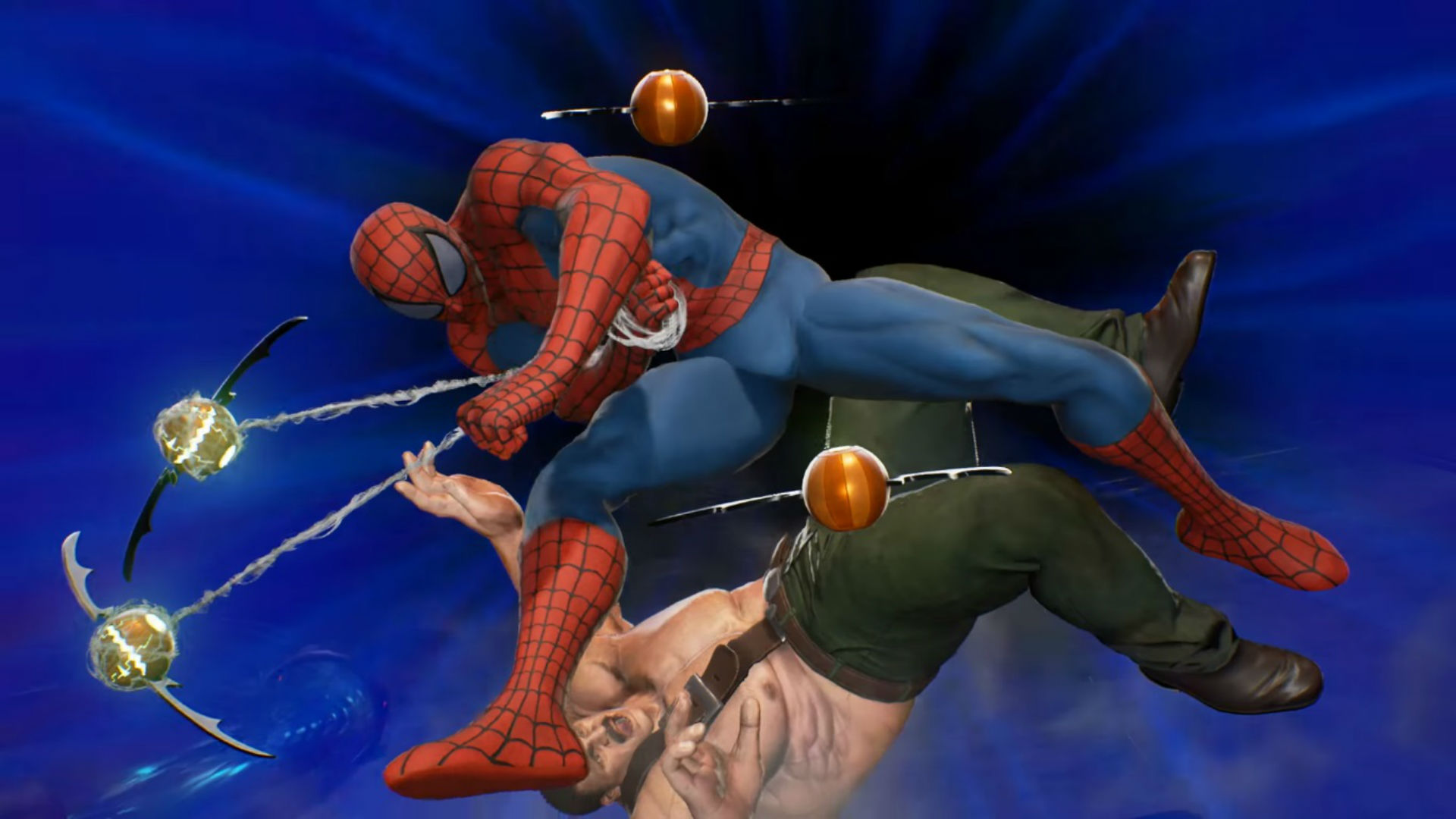Watch Spider-Man dodge pumpkin bombs while Frank West takes a photo in Marvel vs. Capcom: Infinite
