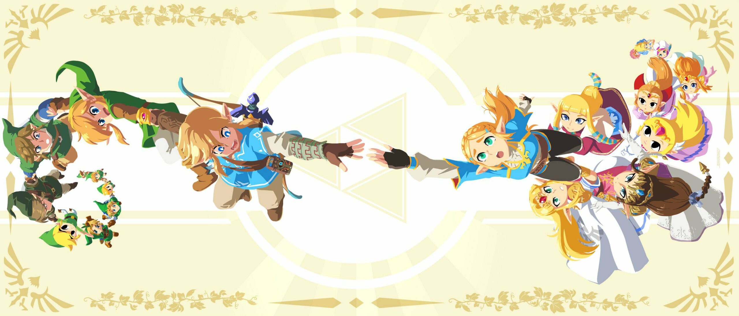 This Legend of Zelda art featuring generations of Link and Zelda is stunning