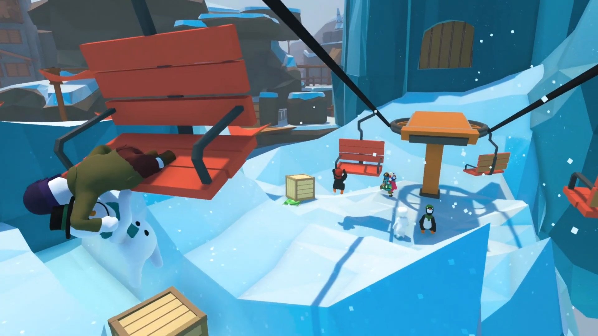 Human: Fall Flat's ice level has snowboards and ski lifts