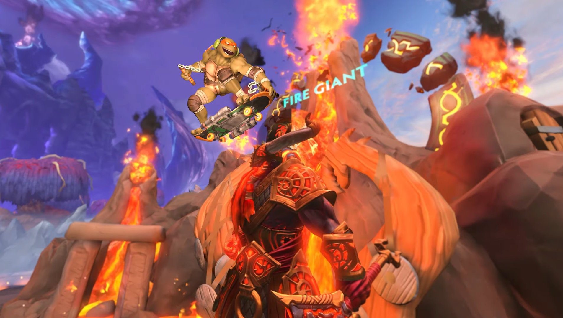 Ninja Turtles in Smite means we're blessed with footage of Michelangelo catching big air over a fire demon