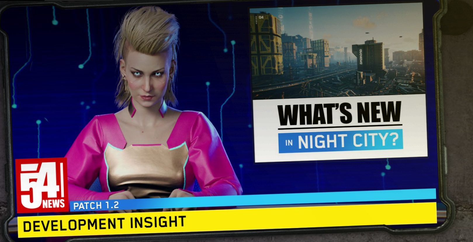 The new Cyberpunk patch notes are thematically delivered by a Night City news station, so you can read about all the bugs in style