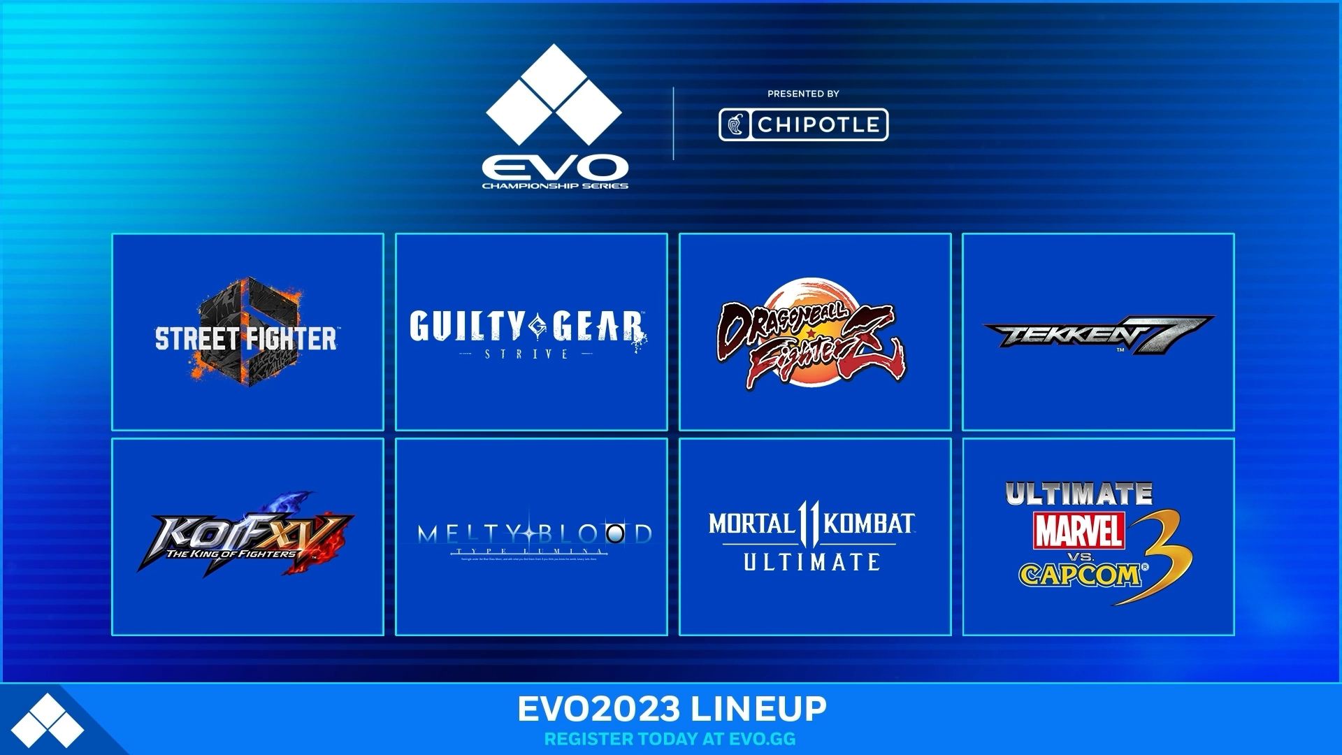Evo 2023 main stage lineup includes Street Fighter 6, Guilty Gear Strive, and Ultimate Marvel Vs. Capcom 3