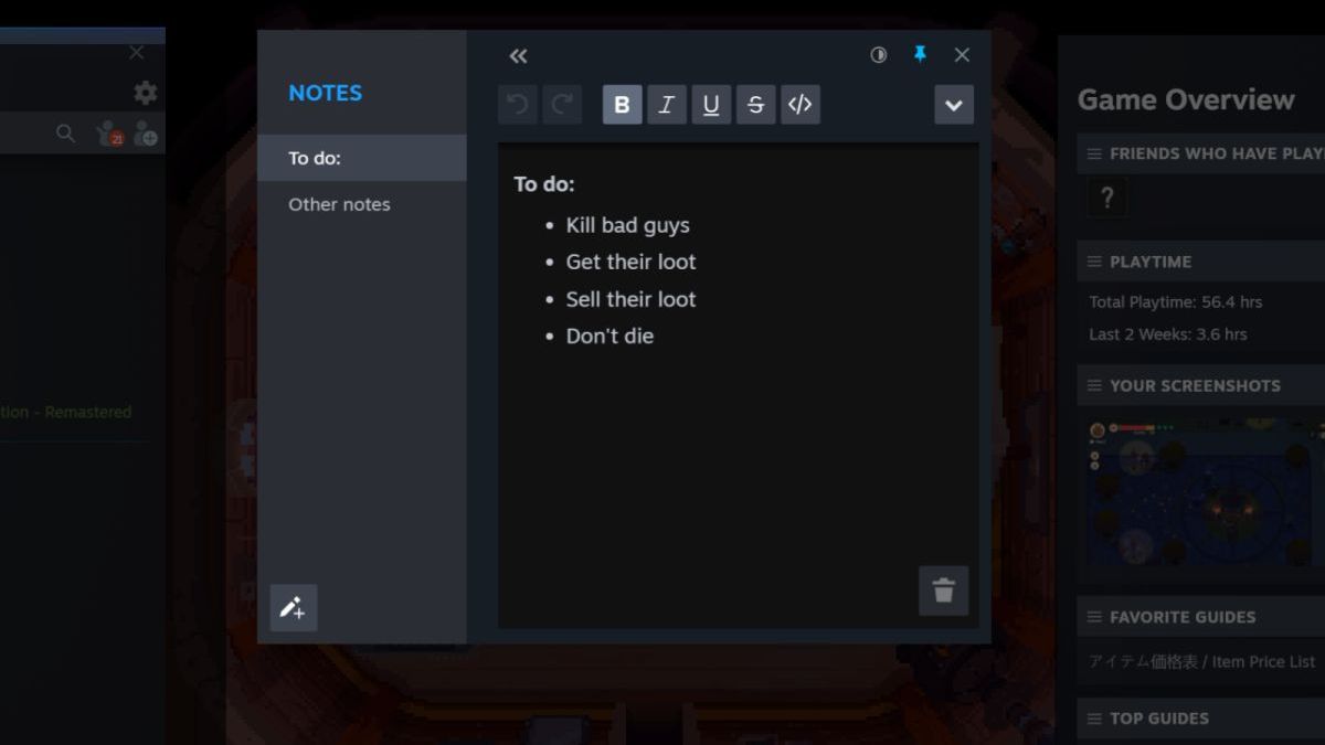 Steam client beta adds a handy new Notes app and in-game overlay