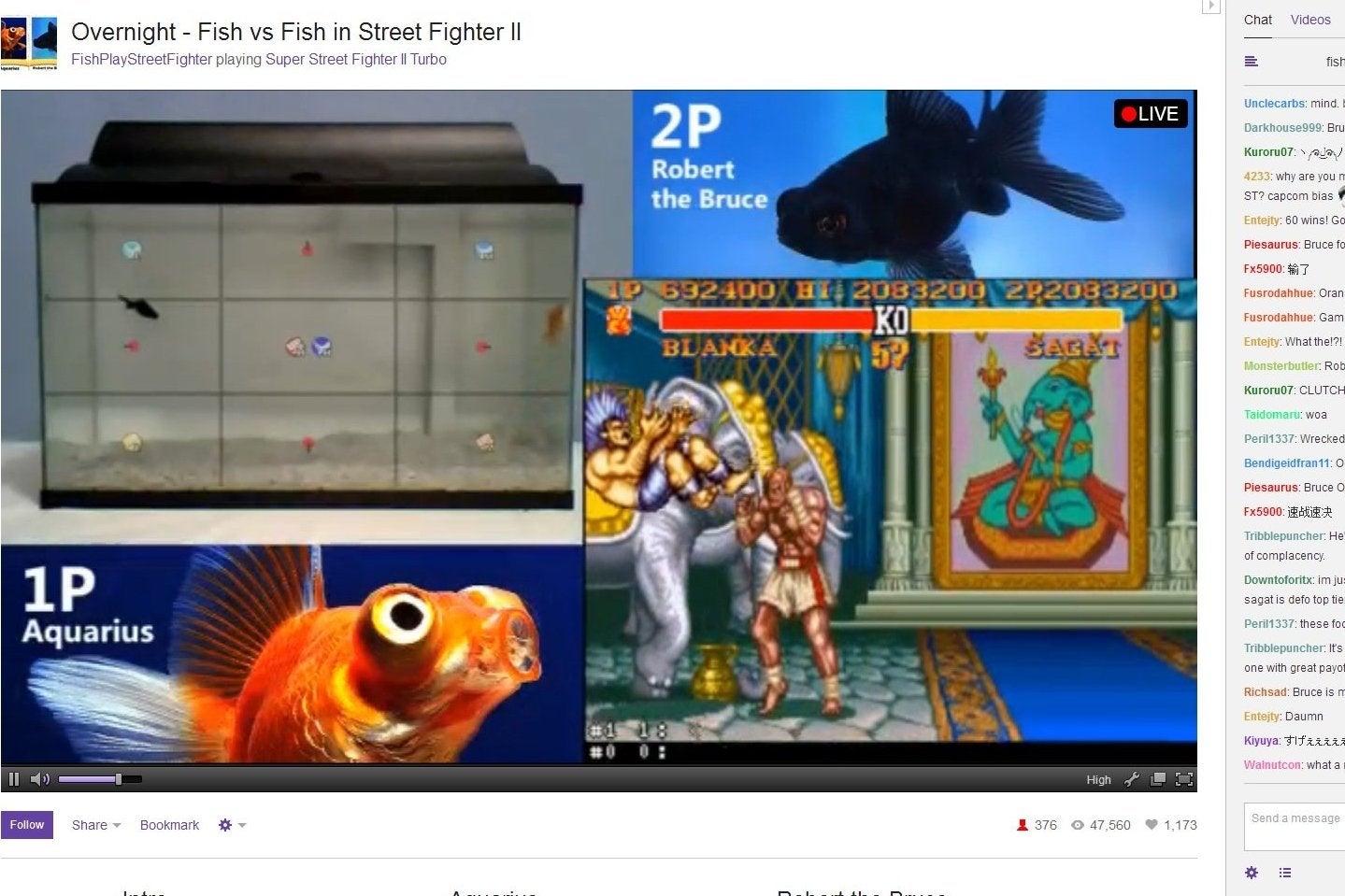 A couple of goldfish are playing Street Fighter 2 on Twitch