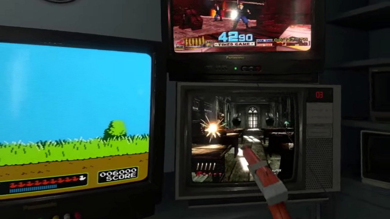 Playing three different light gun games at once in VR looks wild
