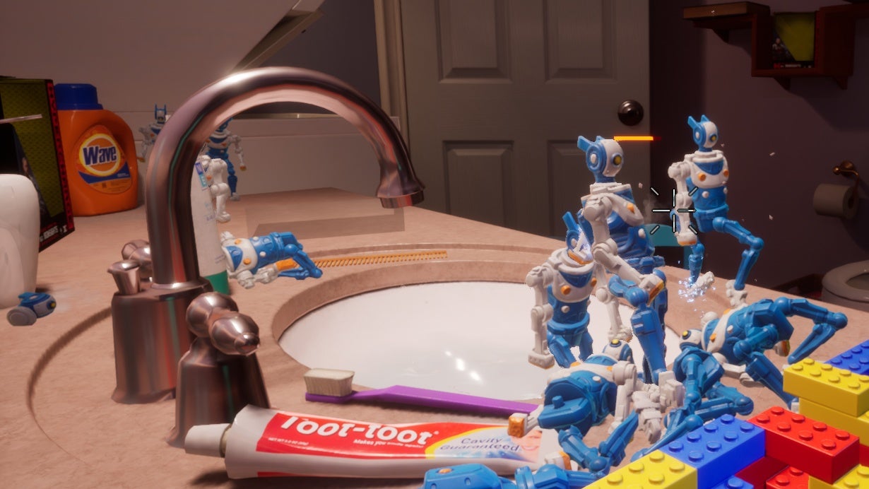 Fight off bathroom robo-invaders as a toy in Hypercharge: Unboxed