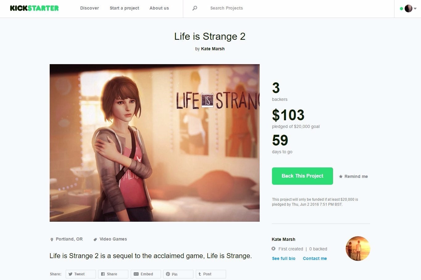 Someone's trying to fund Life is Strange 2 via Kickstarter