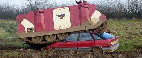 Life-sized Space Marine Rhino crushes cars in field