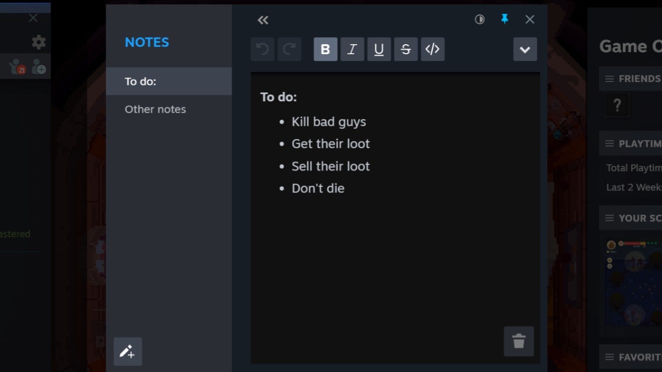 Steam Client Beta update adds new features, including notes and ability to watch films while you play