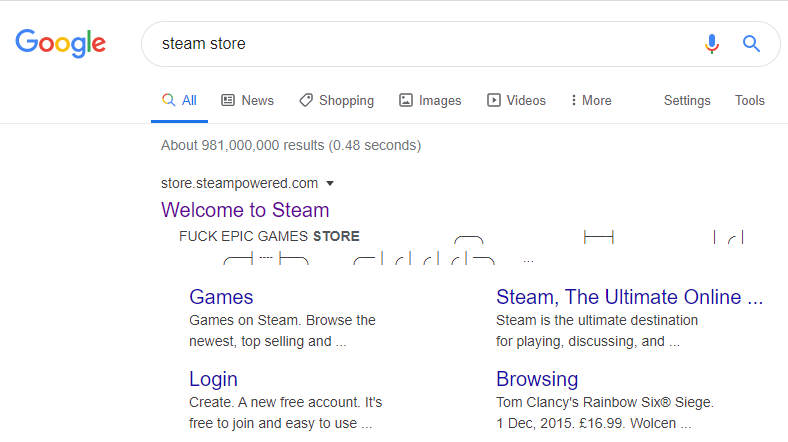 "FUCK EPIC GAMES STORE," says Google's listing for Steam
