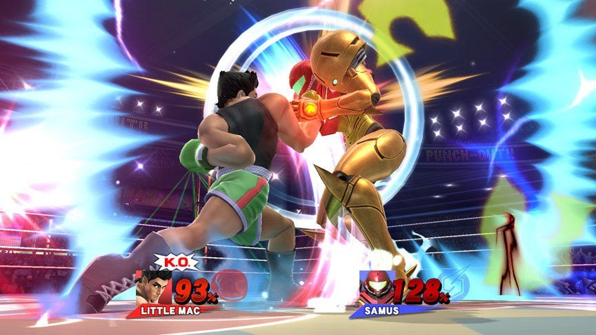 Little Mac does his best to Punch Out!! Samus in Super Smash Bros.