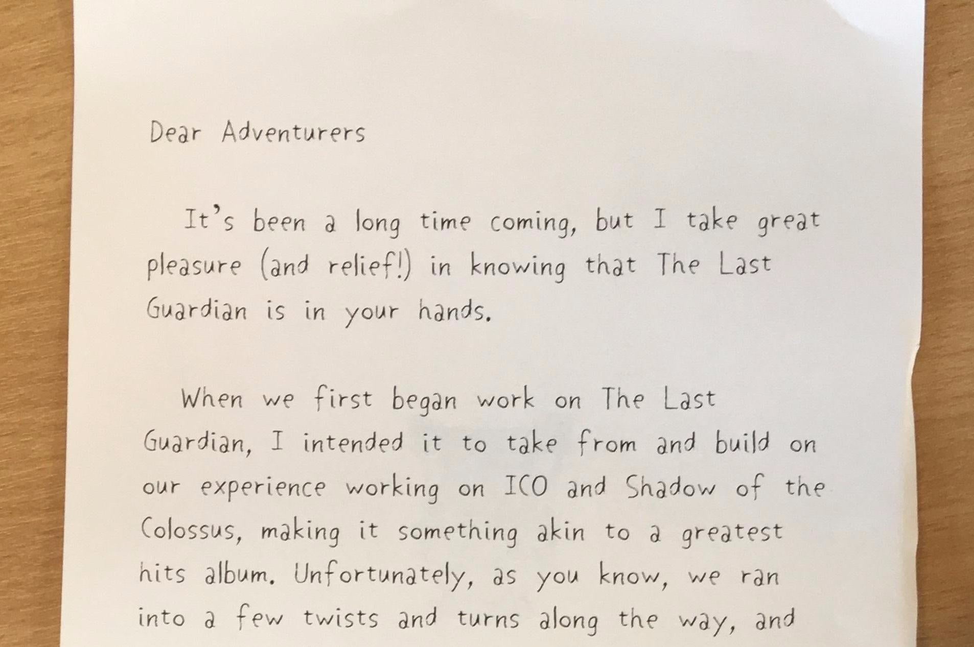 The Last Guardian media kit includes a heartfelt message from creator Fumito Ueda