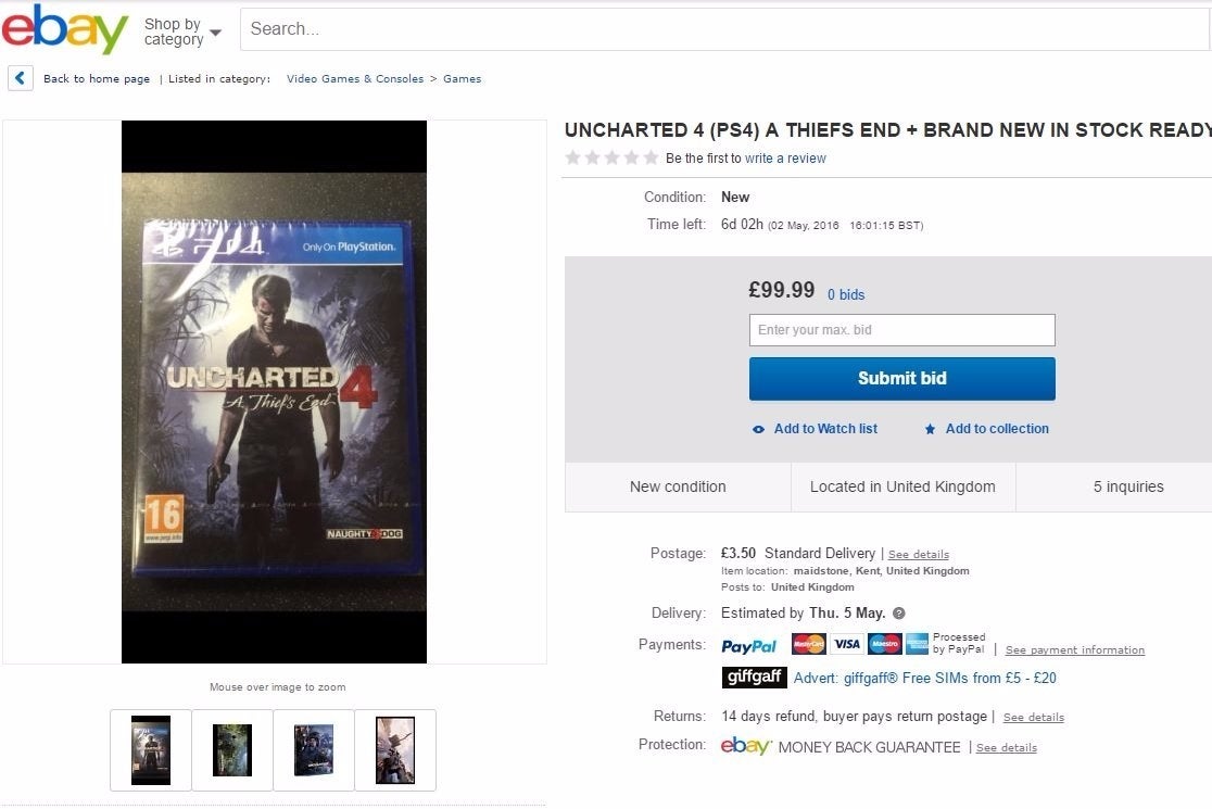 Uncharted 4 pops up on eBay as shops break street date