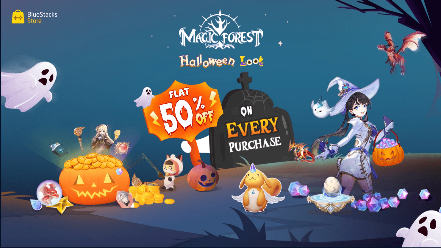 L’aubaine du Butin d’Halloween sur le Store: Obtenez 50% de Réduction sur Tous les Achats dans Magic Forest: Dragon Quest avec le Butin d’Halloween !