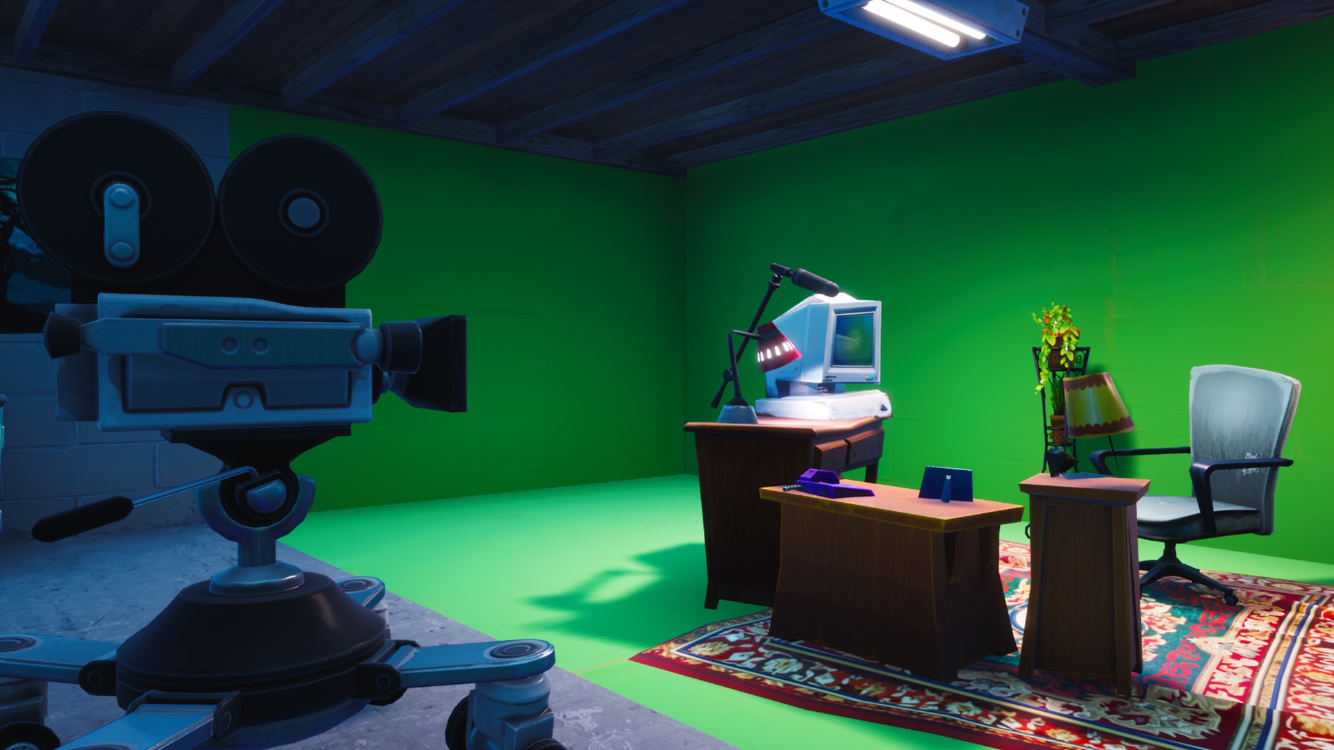 Fortnite: search between basement film camera, snowy stone head, flashy gold big rig