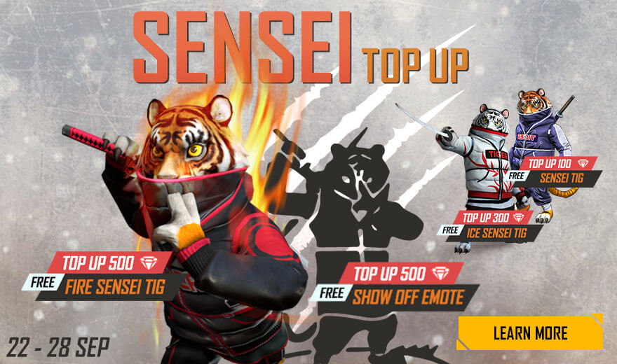 Get Free Sensei Tig Pet, Its Skin and Emotes for free in Free Fire Sensei Tig Top-Up Event