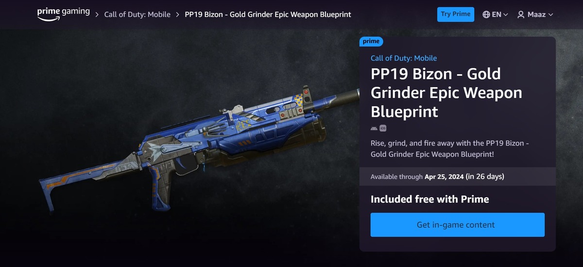 COD Mobile: Claim Free PP19 Bizon – Gold Grinder Epic Weapon for Amazon Prime Users