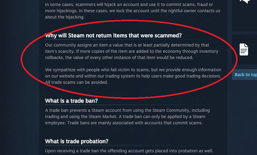 Valve will no longer return scammed items