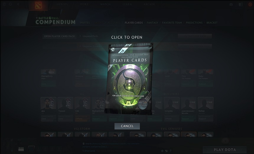 TI8 player cards and Fantasy League