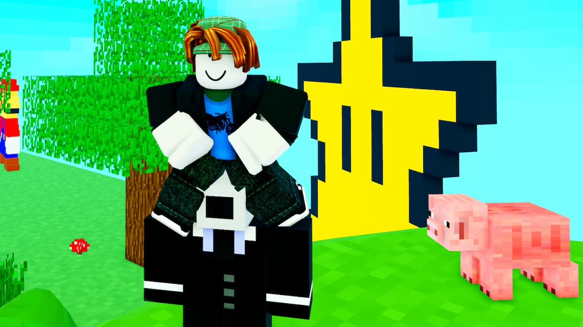 A screenshot from Camerman Race Simulator with a Roblox character on a camera's shoulders in front of a star next to a pig