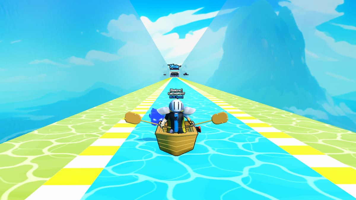 A vibrant Roblox experience showcasing a character in a wooden boat racing down a brightly colored, checkered waterway. The path is flanked by clear blue skies and distant mountains, creating an engaging and competitive virtual boat racing environment.