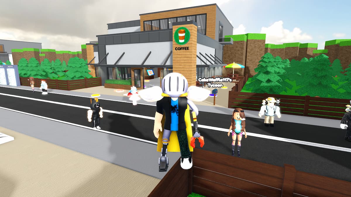 A vibrant scene from the Roblox game ‘Cafe Tea Tycoon’ featuring a modern cafe with large windows and an outdoor seating area. Multiple Roblox characters are interacting outside the cafe on a sunny day, with green trees and a clear sky in the background.