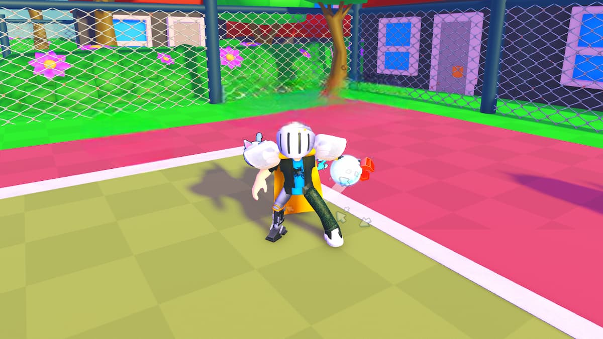 A vibrant scene from the Roblox game ‘Dunk Battles’ featuring two avatars in basketball-themed attire on a colorful court. One avatar is wearing a white jersey with black stripes, and the other has orange accents. They are engaged in an animated basketball game, surrounded by green fencing, lush trees, and various flowers. The court is marked with red boundaries, creating an engaging and competitive environment.