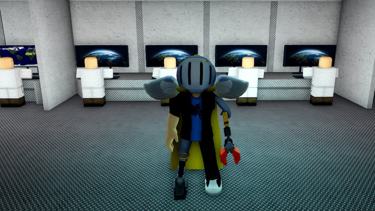 A Roblox character stands in the center of a room designed as a space-themed tycoon in the game ‘Prove the Earth is Flat Tycoon.’ The room features a checkered floor, scientists wearing white lab coats, and multiple computer screens displaying images of the Earth from space. The character is wearing a knight’s helmet, has one arm that appears robotic. This image may be used to represent an in-game scene where players interact with space-related elements within the tycoon experience